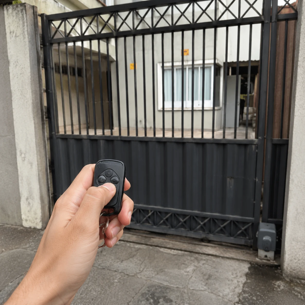Mão segurando controle de portão automático